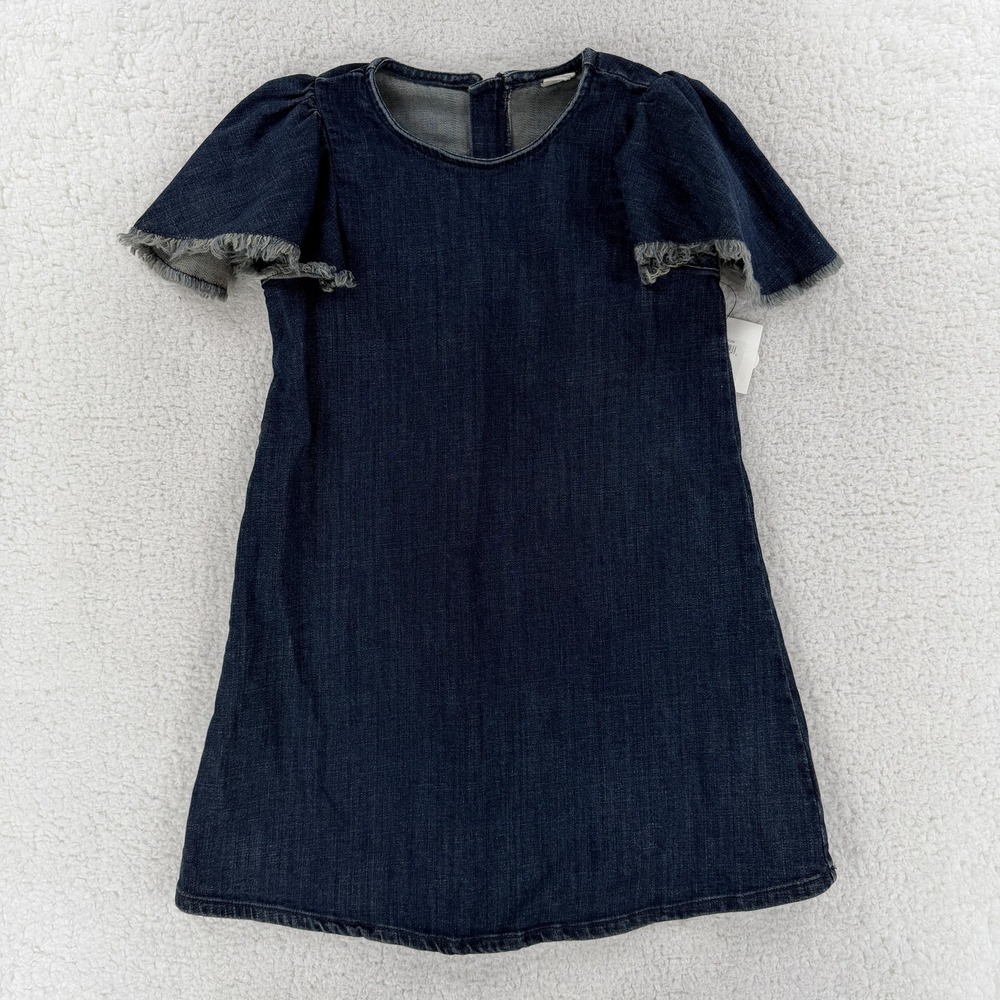 Stem Dress Girls 6‎ Blue Denim Flutter Sleeve Shift Knee Length Frayed Trim NWT